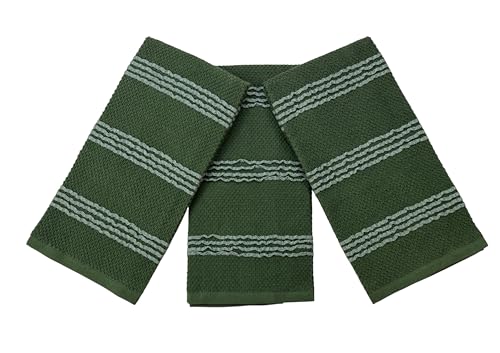 Dark Green Kitchen Hand Dish Towels Waffle Ruffle Textured Set of 3 (Rainah Dark Green)