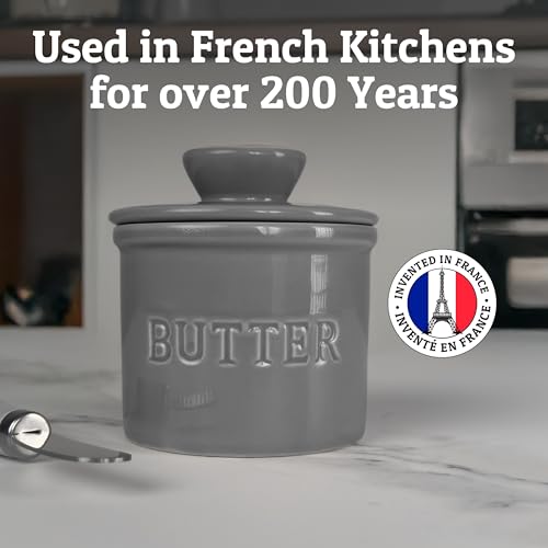 Butter Crock with Lid for Countertop with Spreader Knife and Water Line (Gray / Regular)
