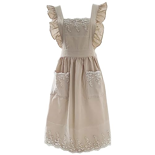 Cute Cotton Apron Frilly Lace Ruffle Adjustable Pinafore Apron Dress with Pockets for Cooking Baking Cleaning Gardening (Beige)