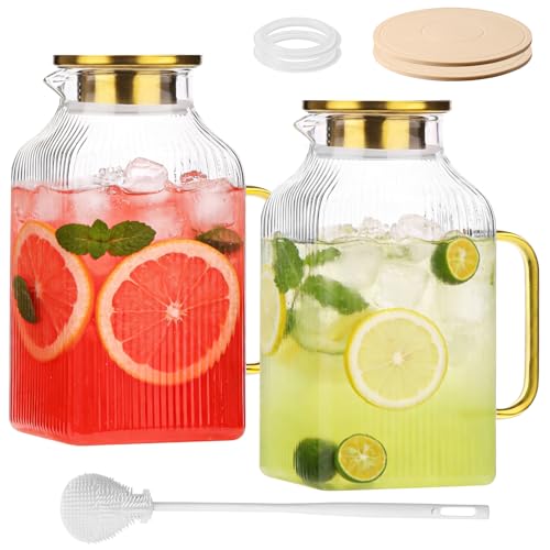 2 Pack 68oz 2 Liter Square Glass Pitcher with Handle and Lid (Square Stripes-2)