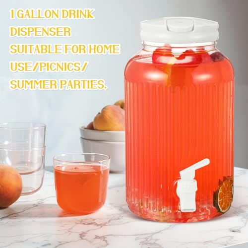 2 Pieces 1 Gallon Plastic Beverage Dispenser with Spigot Striped Clear Large Drink Beverage Dispenser Summer Fridge Water Container with Tap for Party Iced Tea (White)