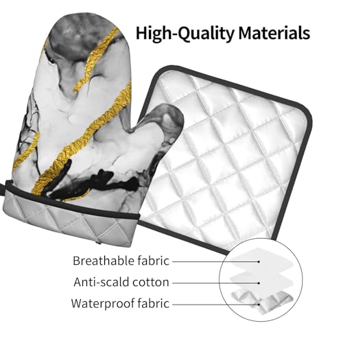 Black White Marble with Gold Stripes Oven Mitts and Pot Holders Set of 3 (Black-gold-marble)
