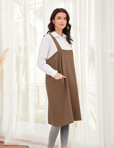 Women's Cotton Cross Back Pinafore with Big Pockets Practical Aprons for Gardening Works (XX-Large / Brown)