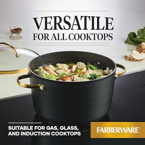 Forged Induction Ceramic Nonstick Cookware Stockpot with Lid (Black and Gold / 6 Quarts)
