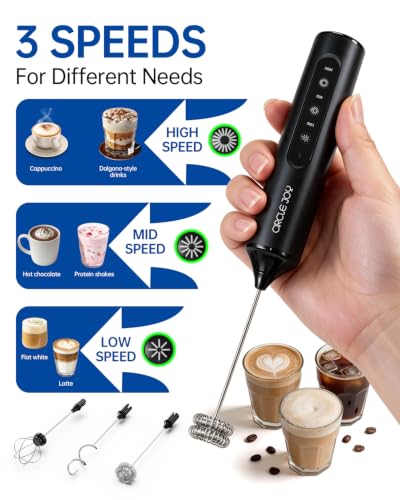 Rechargeable Handheld Milk Frother Wand with 3 Variable Speeds