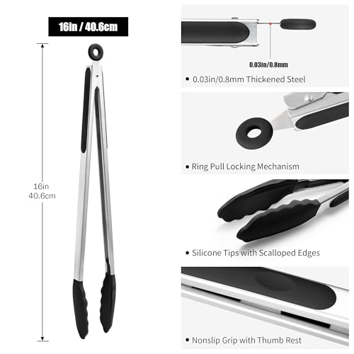 Kitchen Tongs with Silicone Tips for Cooking Serving (16in / Black)