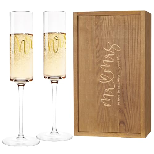 Mr and Mrs Champagne Flutes Set of 2 (Mr & Mrs（Brown） / Set of 2（Wooden box）)