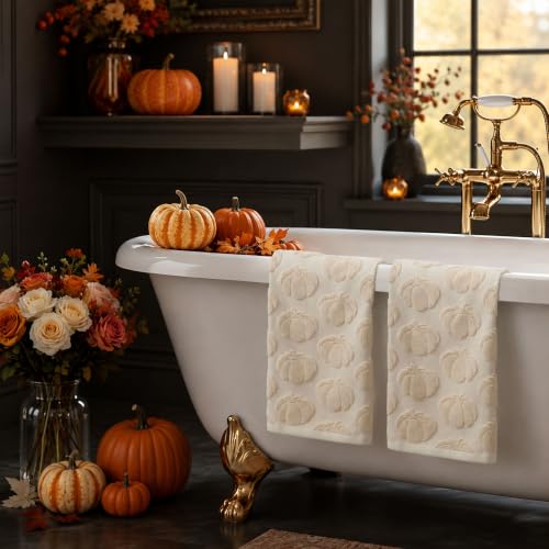 Fall Hand Towels 13.7x29.5 inch Set of 2 Autumn Thanksgiving 3D Beige Pumpkin Reversible Soft Absorbent Decorative Towels for Bathroom Kitchen Bar MJ03B (Beige Pumpkin / 13.7'' x 29.5'')