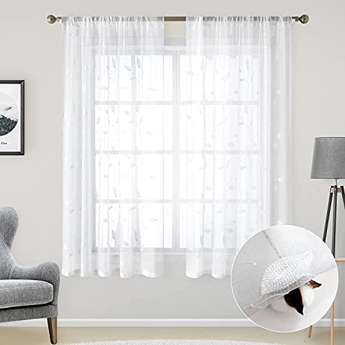 White Sheer Curtains Leaf Embroidered (52"W x 63"L (Pack of 2) / 4-white)