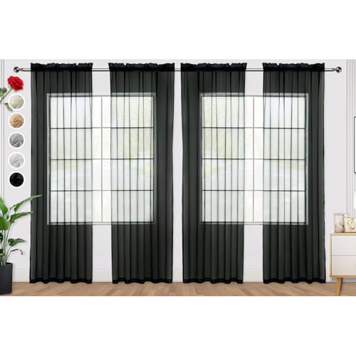 Black Sheer Curtains 4 Panels Rod Pocket Semi (Black / 52"W x 90"L (Pack of 4))