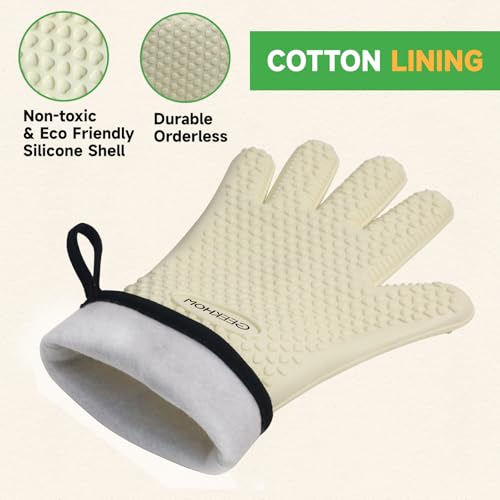 BBQ Gloves Heat Resistant Oven Mitts (Beige / Large)