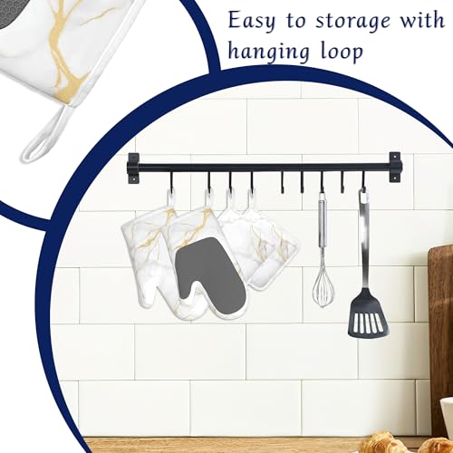 White Gold Marble Pot Holders and Oven Mitts Set Silicone Abstract Marble Kitchen Gloves Potholders Heat Resistant Washable (White Gold Marble,abstract Marble)