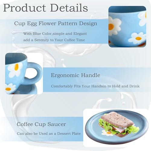 Coffee Mugs Set with Saucer Blue Flowers Cup Gifts for Women Birthday Tea Coffee Mug with Coaster 250 ML Ceramic Cup Birthday Gift for Women Girls Mom Friend Coffee Mug aucer Set (#A Blue Flowers Coffee Mug Set with Saucer)