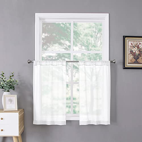 Short Sheer Tier Curtains Linen Textured Half Kitchen Curtain Sheers Light Filtering Rod Pocket Voile Small Curtain for Bathroom (25"W x 24"L (Pack of 2) / White)