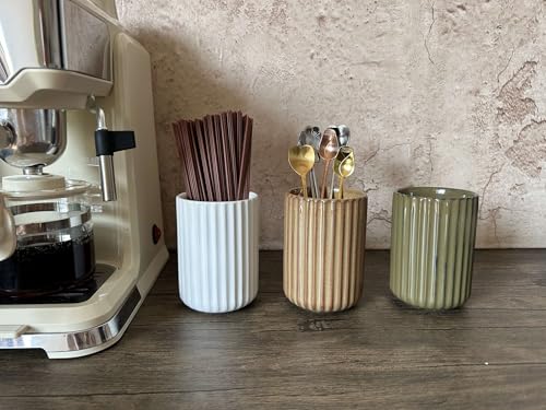 Stoneware Coffee Bar Utensil Holder Tea & Coffee Spoon & Stirrer Holder for Stir Stick Straw Teaspoon Holder Espresso Spoon Cup Small Utensil Jar Fluted Vertical Stripe (Rustic Brown)