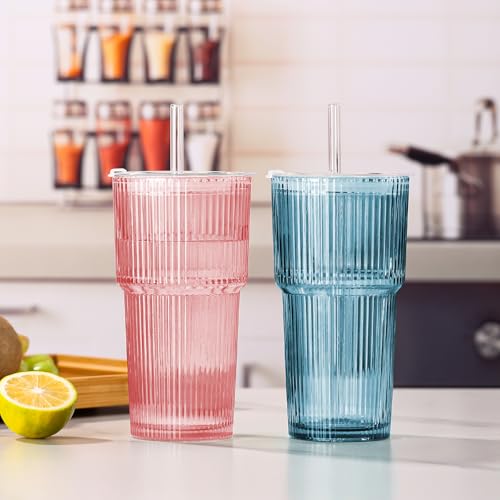 4PCS Colored Ribbed Glass Cups with Lids and Straws (Colored-4)