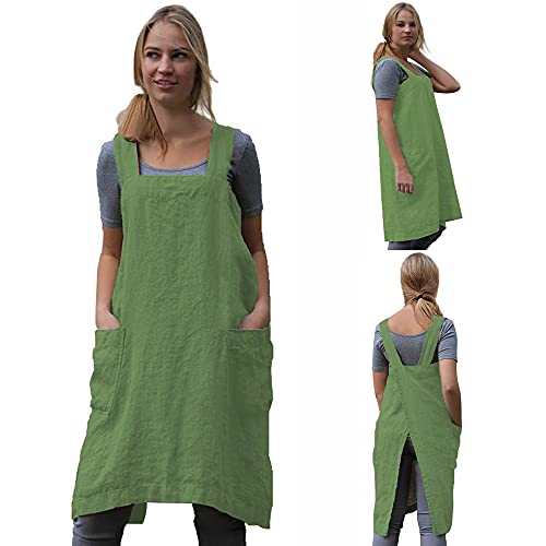 Cotton Linen Apron Blend Dress with Big Pockets for Women Square Pinafore Dress for Baking Cooking BBQ & Grill (Green / XX-Large)
