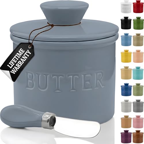 Butter Crock with Lid for Countertop with Spreader Knife and Water Line (Light Grey / Regular)