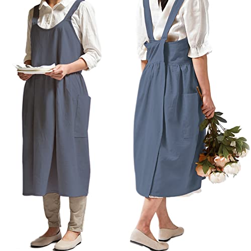 Japanese Cotton Cross Back Smock Apron for Women with Pockets Blue Grey (04 - Blue Grey Without Waist Ties)