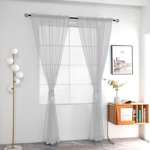 Solid Sheer Rod Pocket Curtain Voile Draperies 2 Panels White Beige Black Grey Ivory 52 Inch Width 90 Inch Long 1 Pair for Kitchen Bedroom Children Living Room Yard (Silver Grey / 52"W x 90"L (Pack of 2))