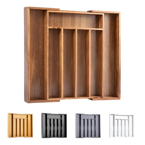 Acacia Silverware Organizer Kitchen Drawer Organizer Expandable Bamboo Utensil Holder Cutlery Tray for Kitchen Utensil and Flatware Bedroom Office (Acacia / 7 Slots Expandable)
