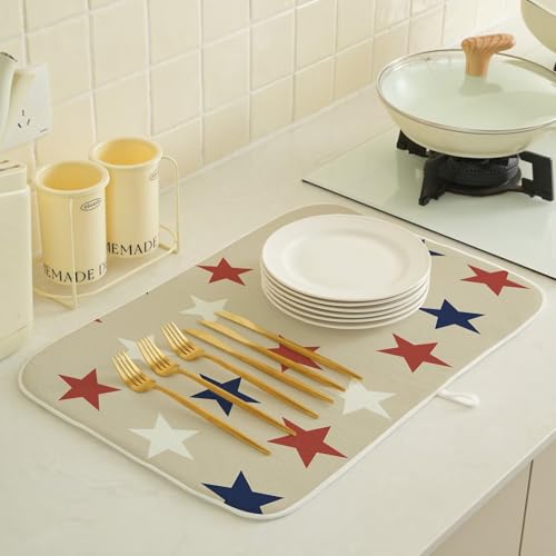 4th of July Dish Drying Mat 18 x 24 inch Independence Day Blue Red White Stars Patriotic Decorative Drying Mats Microfiber Absorbent Dish Washable Draining Mat for Kitchen Counter Decor (24" x 18" / Blue Red White Stars)