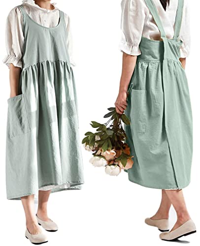 Women Girls Cross Back Apron Gardening Works Cotton Aprons Pinafore Dress (Green / 32.3" x 41.3")