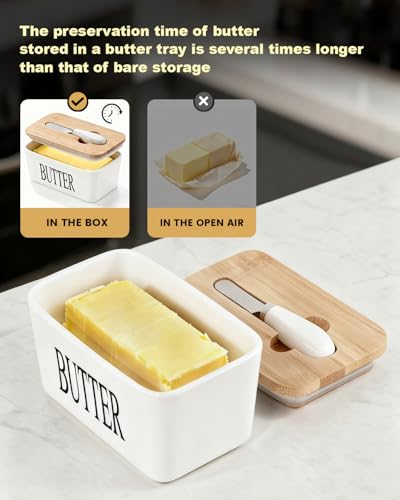 Butter Dish Ceramic with Lid and Knife (White)