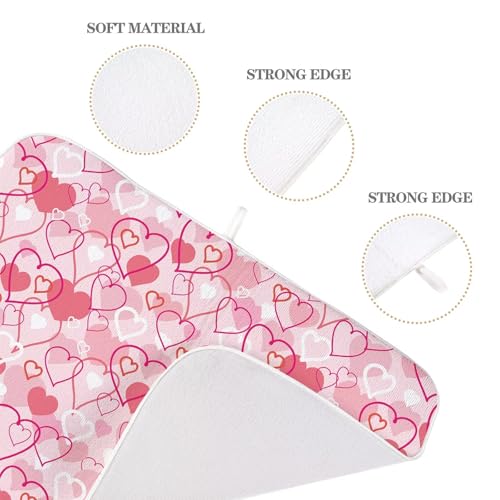 Valentines Day Dish Drying Mat 18 x 24 inch Pink Love Hearts Decorative Drying Mats Microfiber Absorbent Romantic Dish Washable Draining Mat for Kitchen Counter Decor (18x24 Inch / Pink Love Hearts)