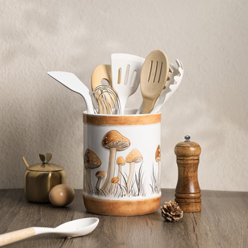 Brown Ceramic Mushroom Pattern Kitchen Utensil Holder (Brown)