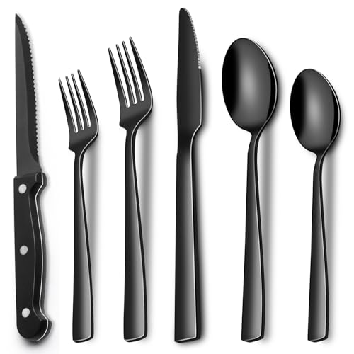 24 Piece Black Silverware Set with Steak Knives (Square Edge)