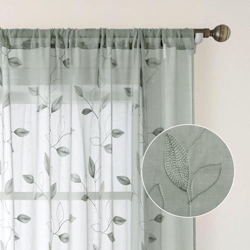 Sage Green Sheer Curtains Leaf Embroidered (52"W x 84"L (Pack of 2) / 1-sage Green)