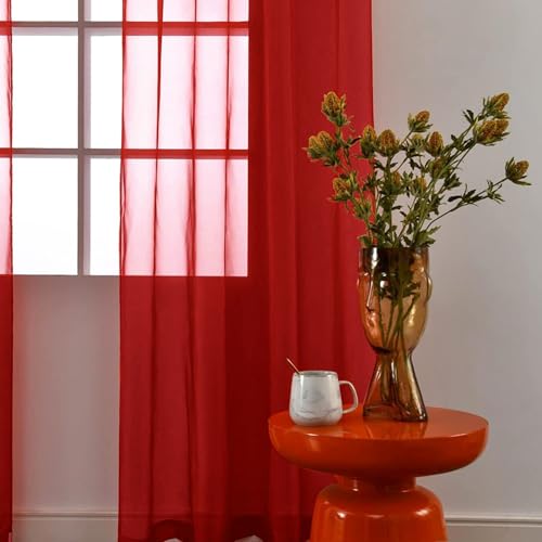 Sheer Voile Window Treatment Rod Pocket Curtain Panels for Kitchen Bedroom Living Room Drapes Sunlight Filtering Privacy Semi Home Decor Assorted Colors Sizes (Christmas Red / 52"W x 54"L (Pack of 2))