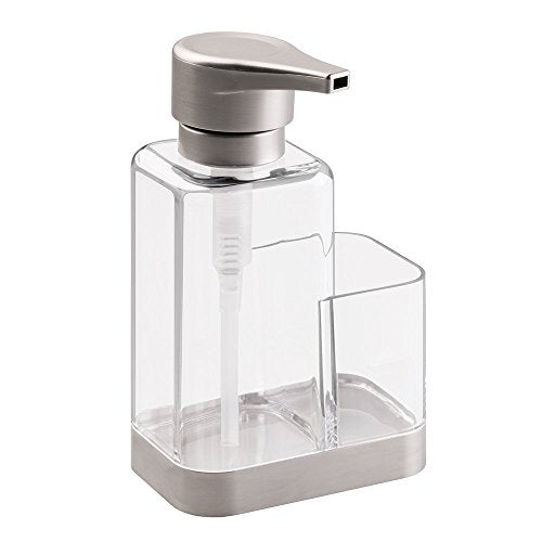 Modern Plastic Kitchen Sink Countertop Liquid Hand Soap Dispenser Pump Bottle Caddy with Storage Compartment (Clear/Brushed)