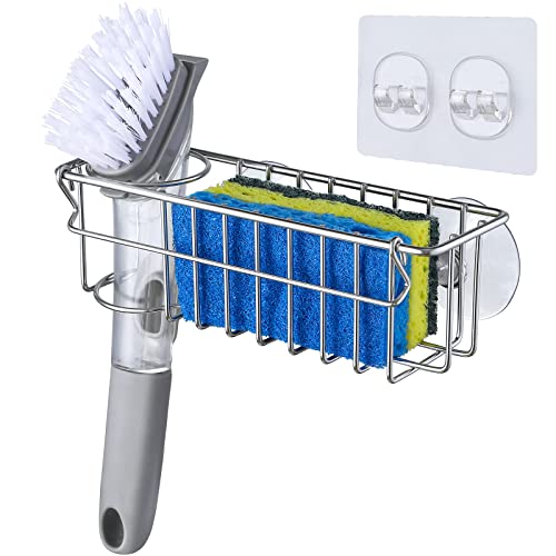 3-In-1 Sponge Holder for Kitchen Sink with Suction Cups & Adhesive Hook , In-sink Sponge Holder, Wall Hanging Sink Caddy Organizer Rack - Sponge, Dish Cloth, Brush, Scrubber - 304 Stainless Steel (3-in-1 / Silver)