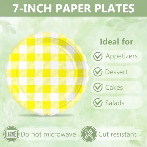 75 Yellow Gingham Paper Plates&Napkins Disposable for Party (Yellow Gingham 75 Plates Set / 7-inch Set)