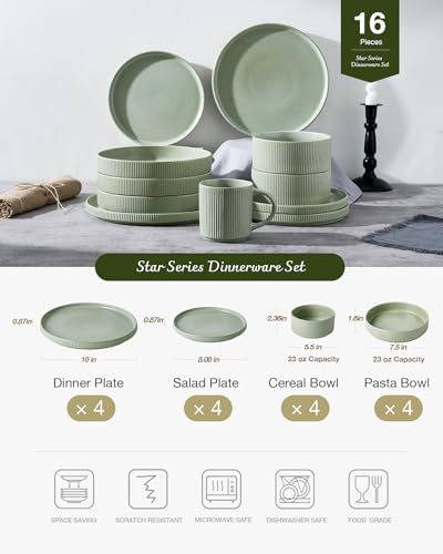 Star Stoneware Dinnerware Sets with Pasta Bowls (Matte Sage Green)
