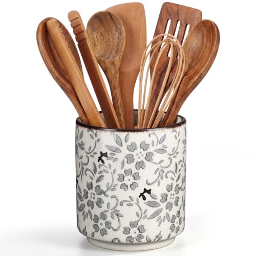 Rustic Ceramic Utensil Holder Grey Floral 5.5" (Grey Floral / 5.5" / Rustic)