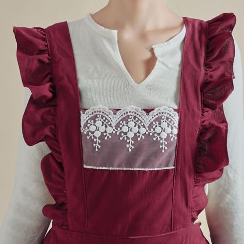 Cute Cotton Apron Frilly Lace Ruffle Adjustable Pinafore Apron Dress with Pockets for Cooking Baking Cleaning Gardening (Carmine)