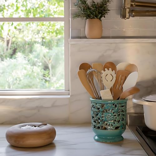 Farmhouse Kitchen Utensil Holder for Countertop (Antique Blue)