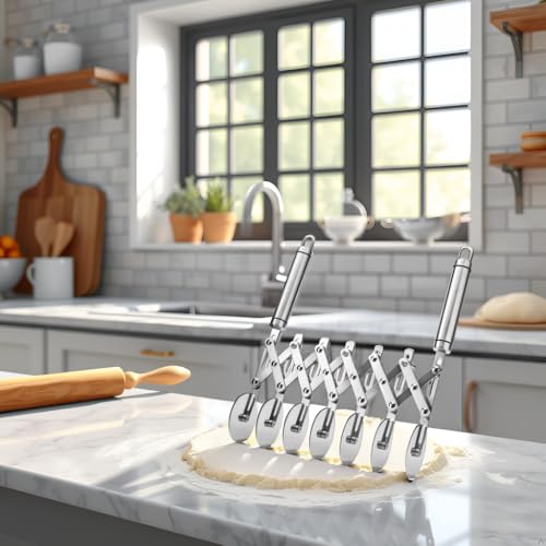 Brand Pastry Cutter with Grinder Spaghetti Dough Roller Knife Stainless Steel Pizza Slicer Pasta Wheeling Attice Roller Adjustable Dough Divider with Handle (7 Wheels)