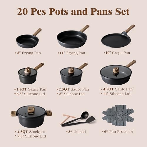 20Pcs Nonstick Pots and Pans Set (Midnight Black / L)