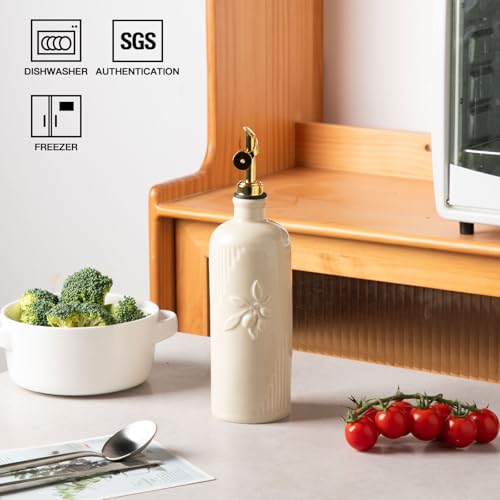 Sweejar Ceramic Olive Oil Dispenser Bottle for Kitchen Counter (Beige / 20 oz (Gold Spout))