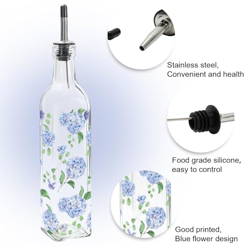 17 Oz Blue Hydrangea Olive Oil Dispenser Bottle Glass Cruet Bottle with Spout Floral Cooking Vinegar Container for Spring Summer Home Kitchen Table Countertop Decor