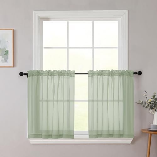 Kitchen Curtains 24 Inch Length Tier 2 Pieces (Sage Green / 42"W x 24"L (Pack of 2))