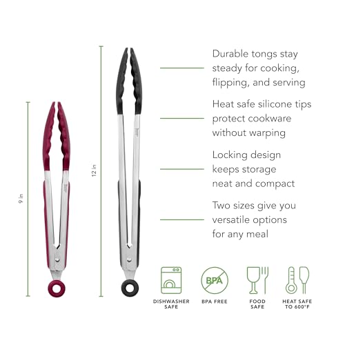 Stainless Steel Tongs with Silicone Tip Set 9" 12" with Easy Lock Mechanism for Grilling Air Fryer Cooking Serving Salad (Black & Sangria / 9" & 12 / Set of 2)