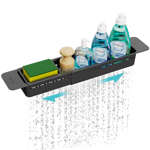 Extendable Kitchen Sink Caddy Extra Long Brush Sponge Storage Holder (Extra Long / Black 1)