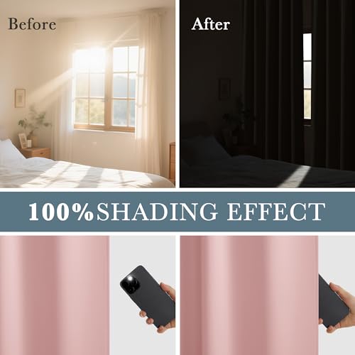 100% Blackout Curtains for Bedroom (100% Blackout-blush Pink / 52"W x 96"L (Pack of 2))