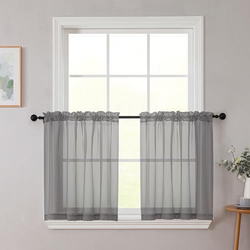 Kitchen Curtains 24 Inch Length Tier 2 Pieces (Grey / 42"W x 24"L (Pack of 2))