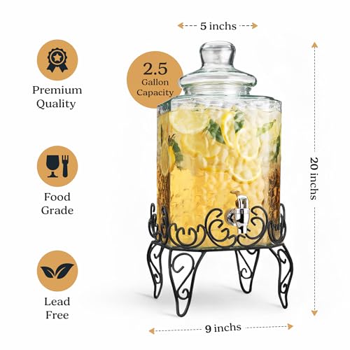 2.5 Gallon Classic Hammered Glass Beverage Dispenser with Elegant Stand (Clear-2.5-Gallon)